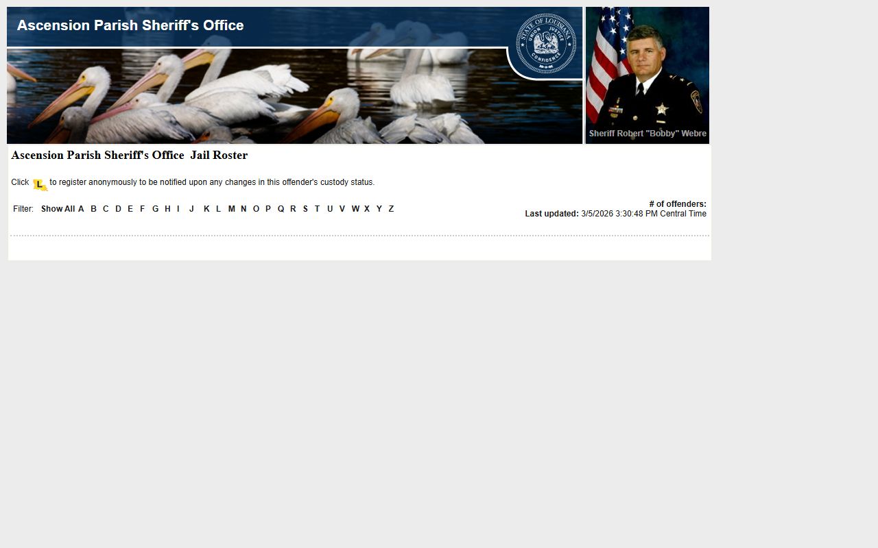 Ascension Parish LAVNS roster page showing inmate listings
