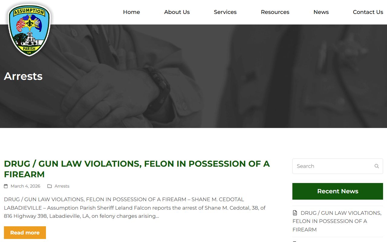 Assumption Parish Sheriff arrests archive page showing recent bookings