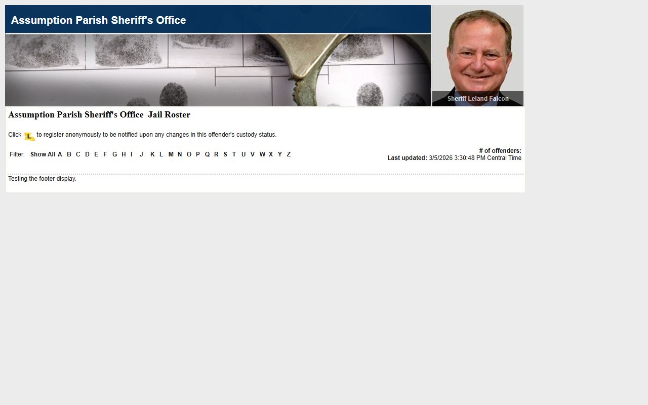 Assumption Parish LAVNS inmate search page for jail mugshots