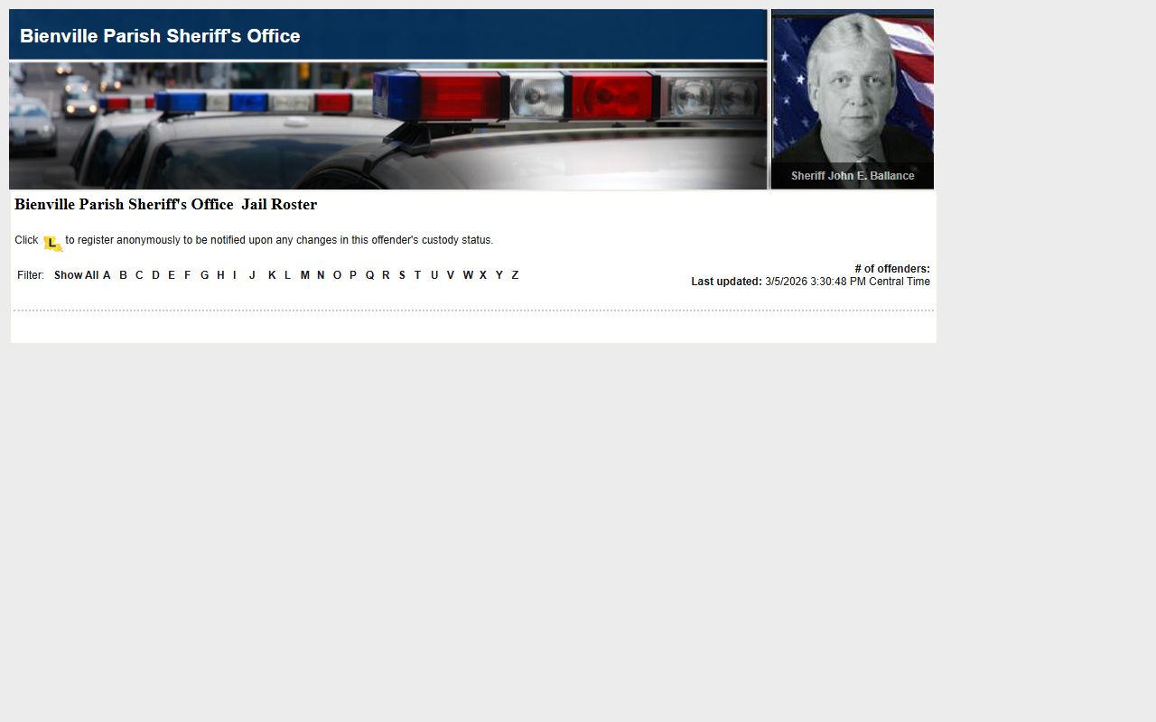 Bienville Parish LAVNS inmate roster page for jail mugshot searches