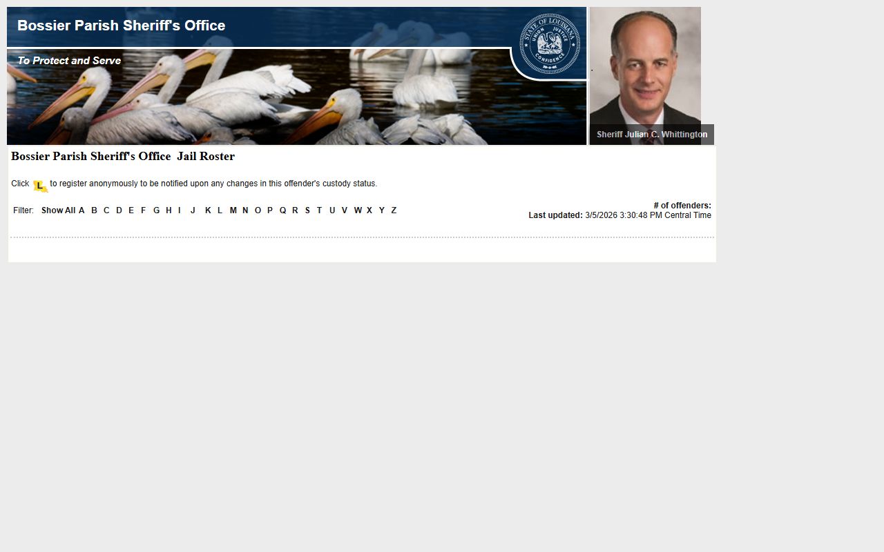 Bossier Parish LAVNS inmate roster page for jail mugshot access