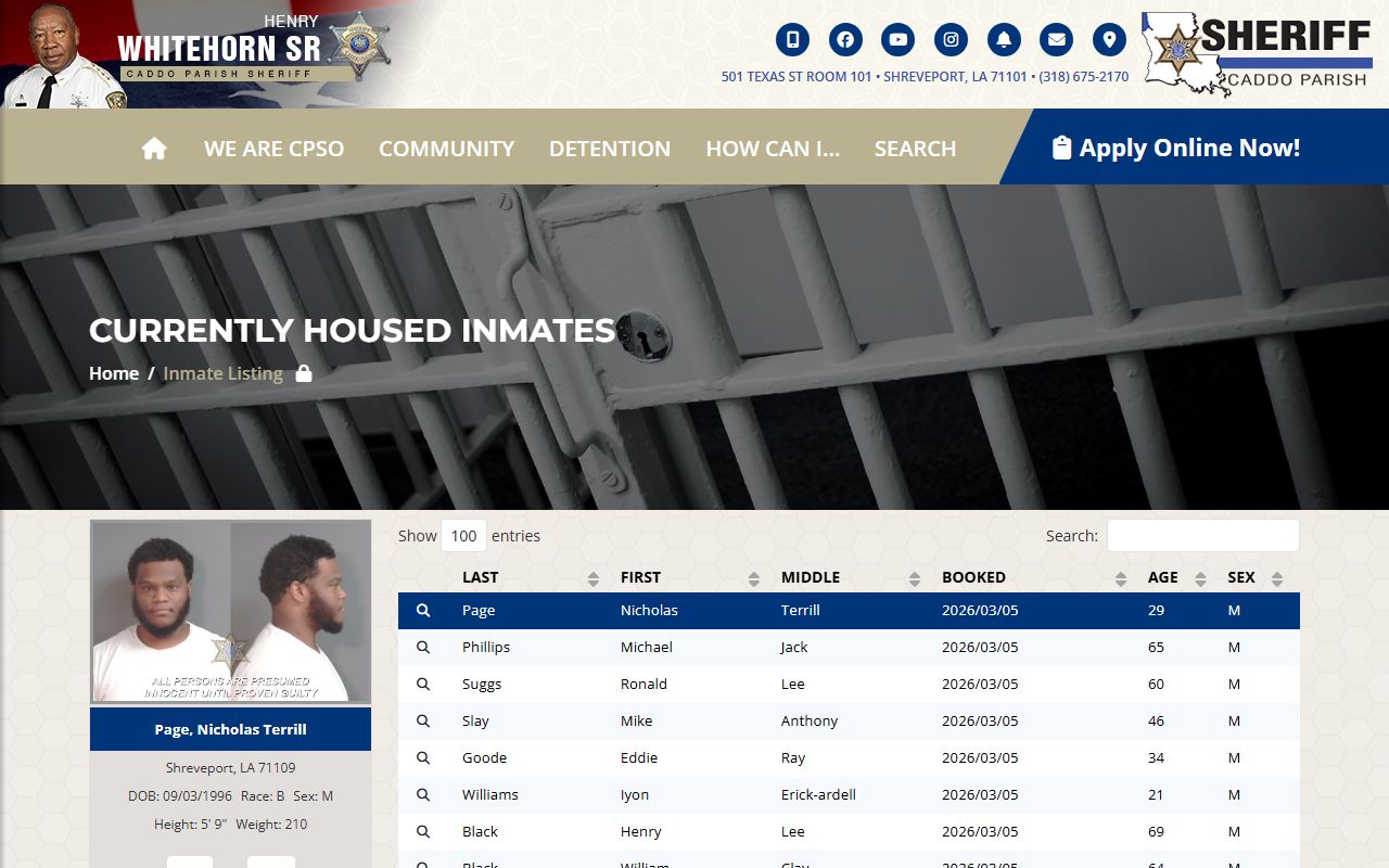Caddo Parish inmate search tool showing jail mugshots and booking records