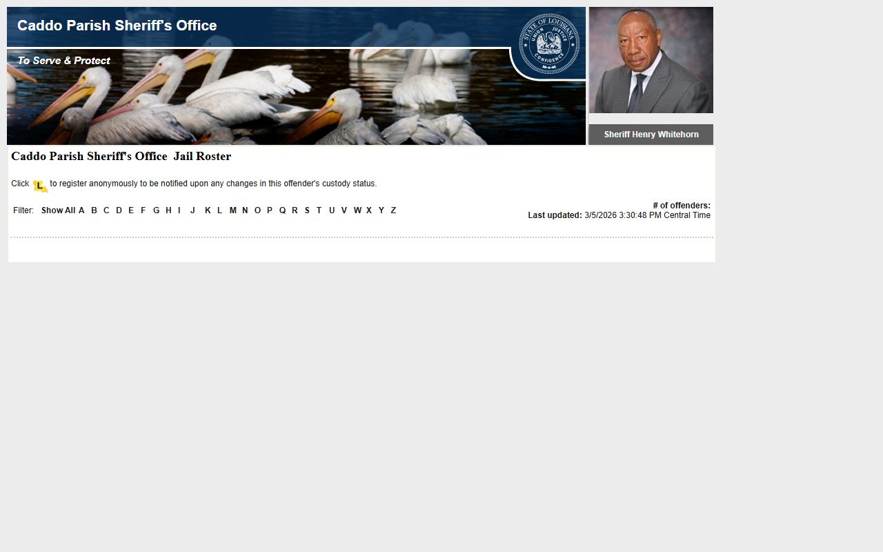 Caddo Parish LAVNS portal for inmate notification and jail mugshots lookup