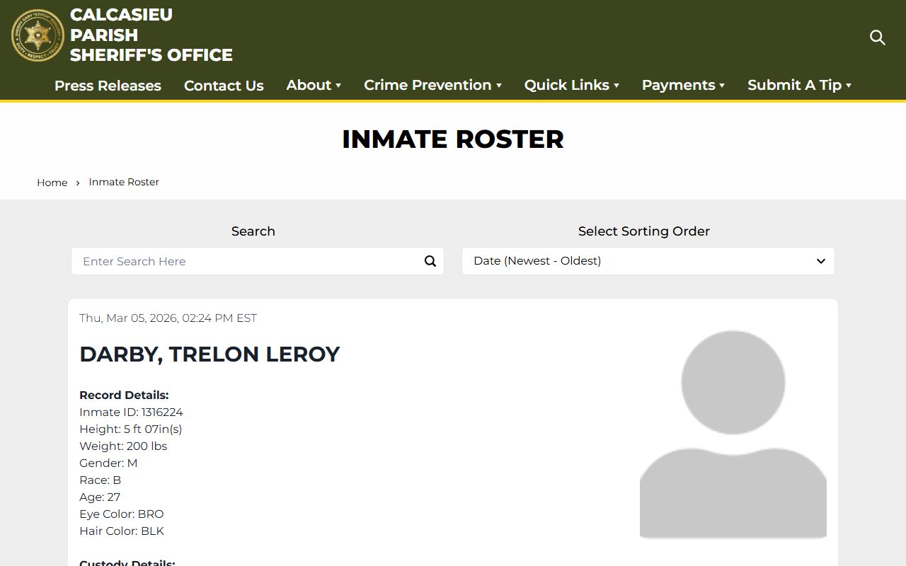 Calcasieu Parish inmate roster showing jail mugshots and booking information