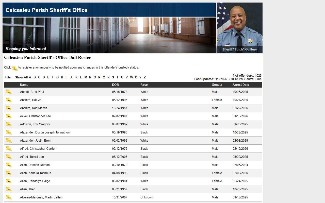 Calcasieu Parish LAVNS portal for victim notification and inmate lookup