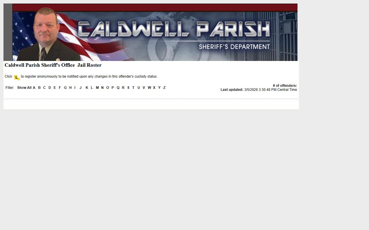 Caldwell Parish LAVNS portal for searching jail mugshots and inmate records