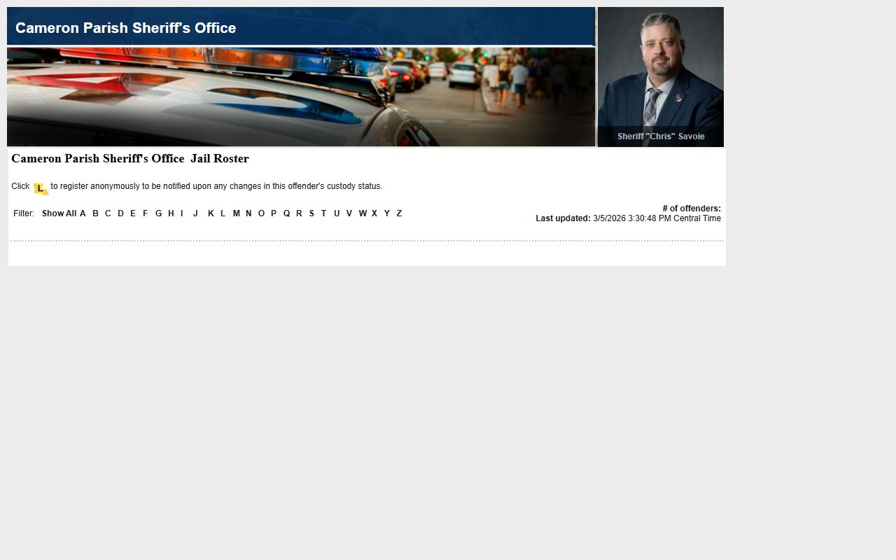 Cameron Parish LAVNS portal for jail mugshots and inmate search