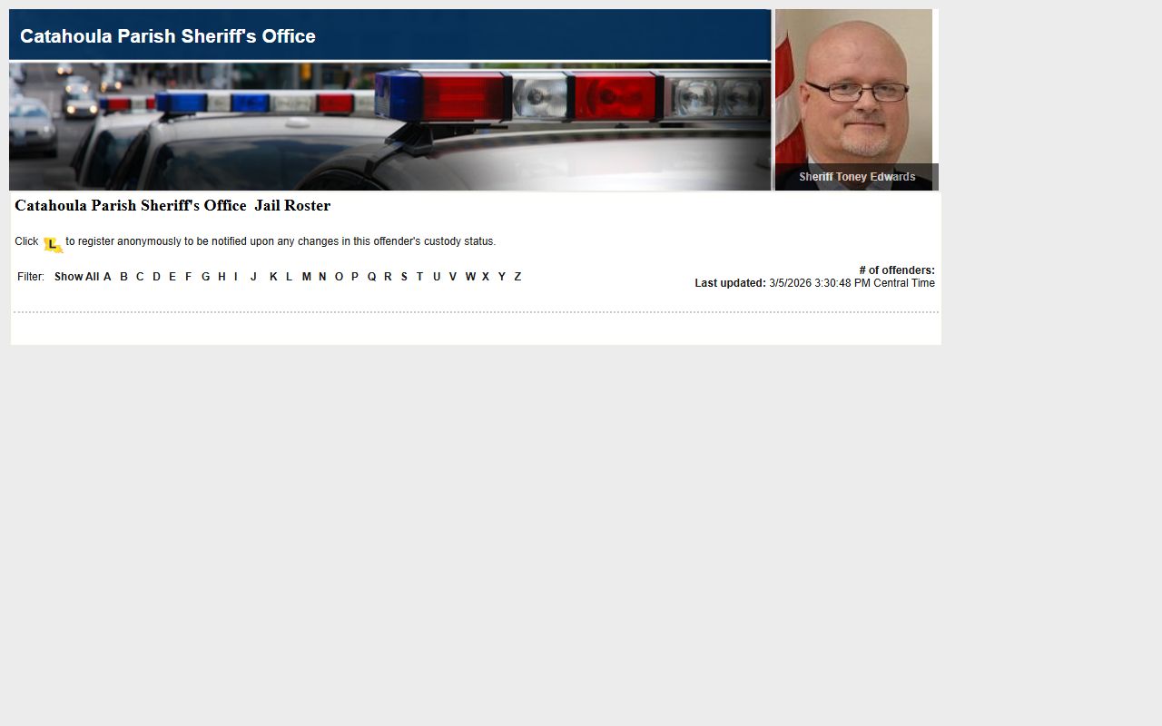 Catahoula Parish LAVNS portal showing inmate search options