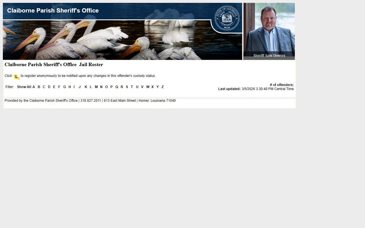 Claiborne Parish LAVNS portal for jail mugshots and inmate search