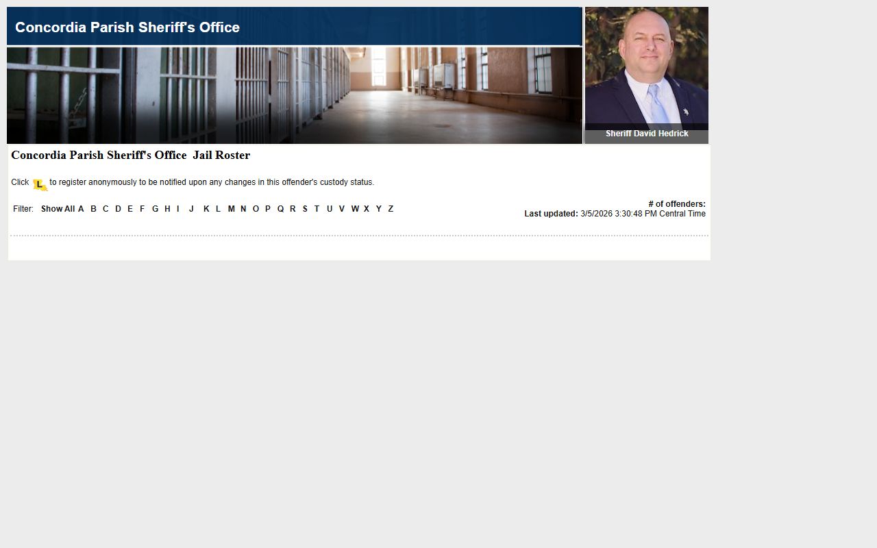 Concordia Parish LAVNS portal for jail mugshots and inmate lookup