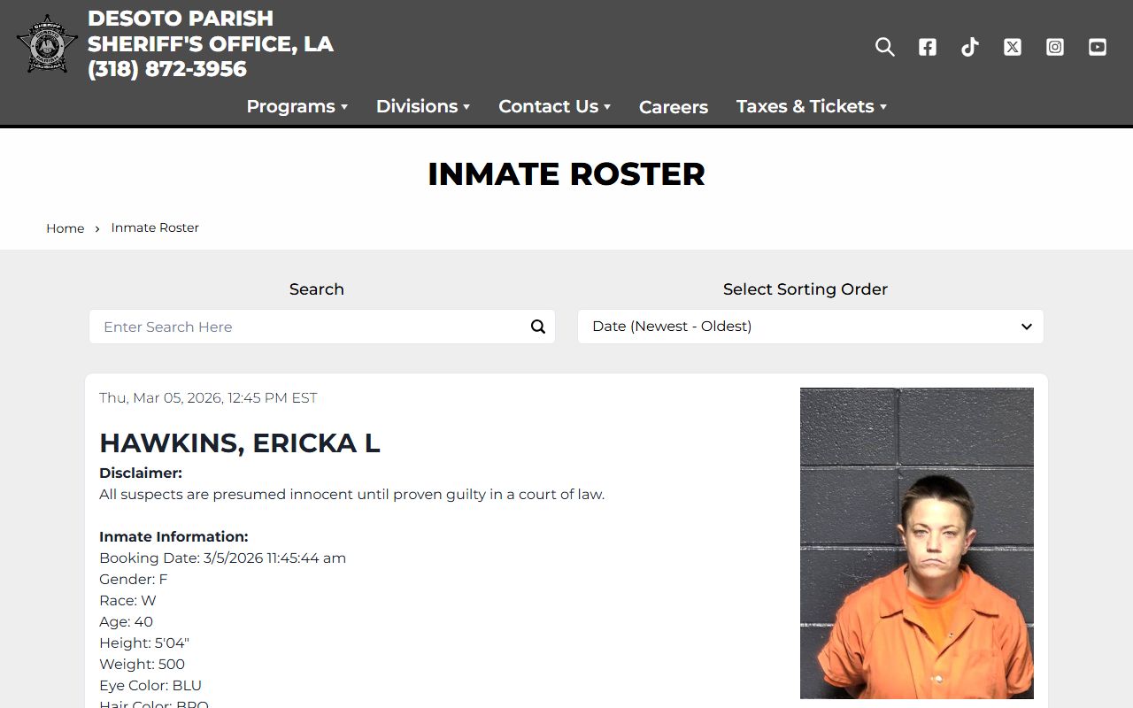 DeSoto Parish inmate roster showing jail mugshots, charges, and booking details