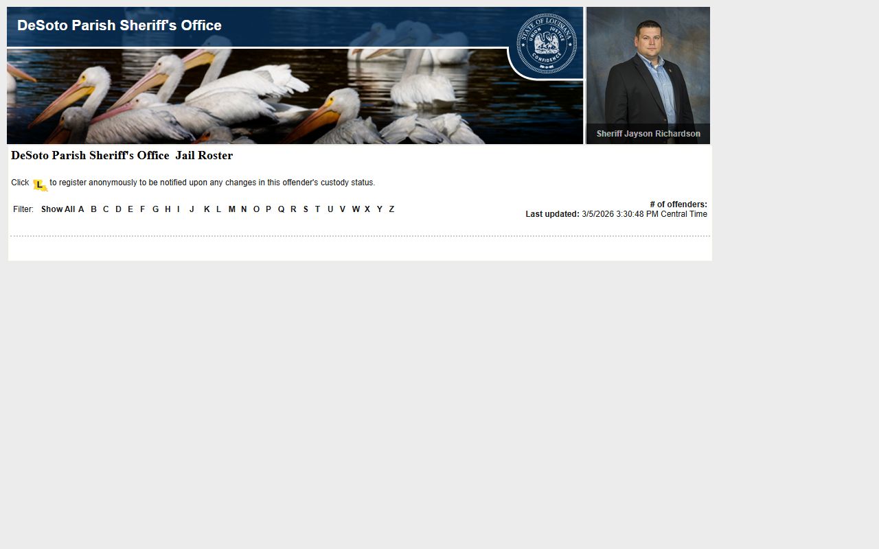 DeSoto Parish LAVNS portal for victim notification and inmate search