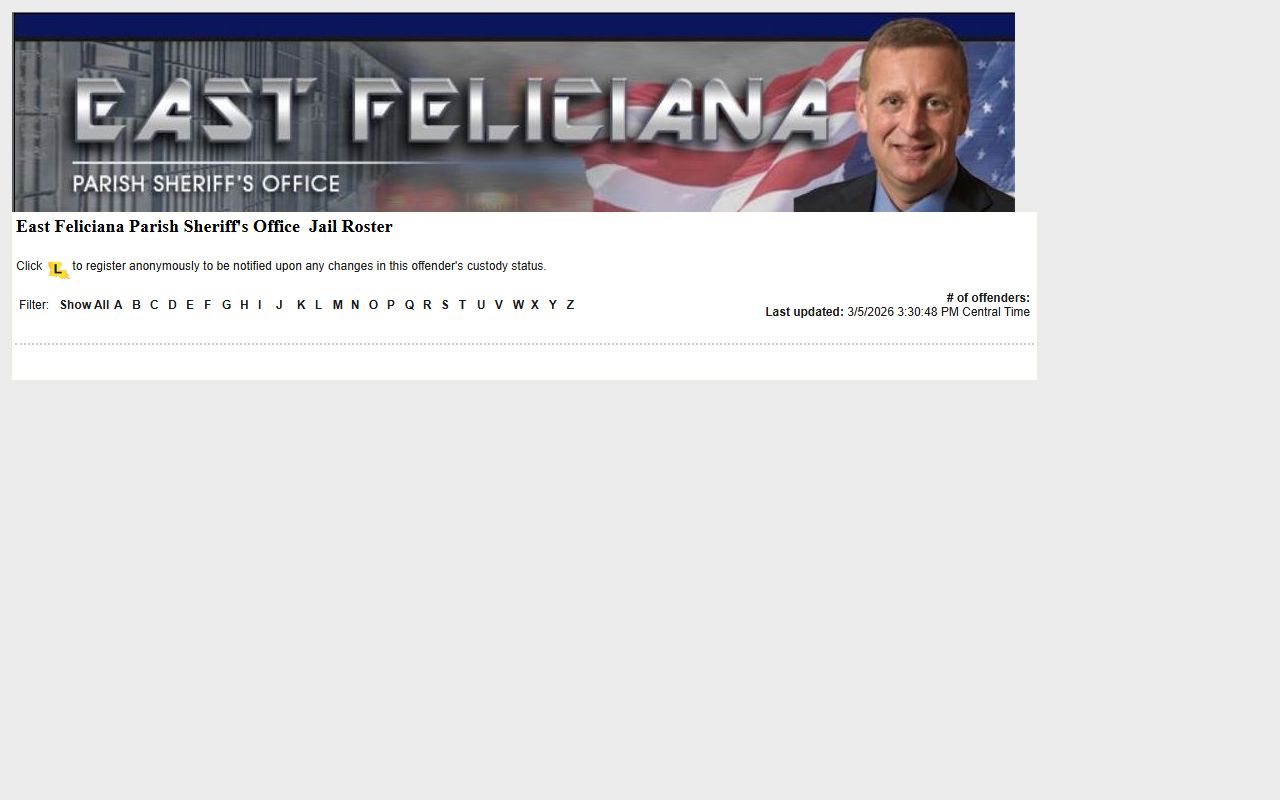 East Feliciana Parish LAVNS portal showing current inmate roster