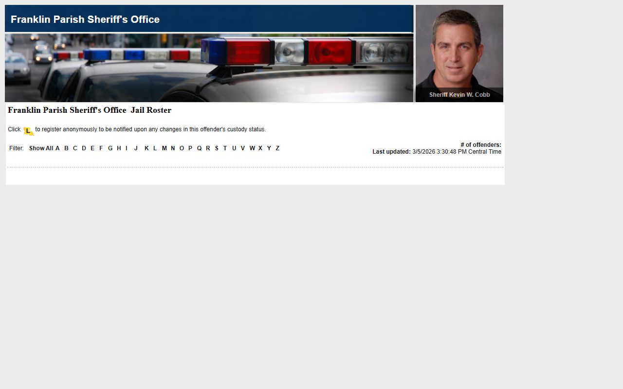 Franklin Parish LAVNS portal showing current inmate roster data