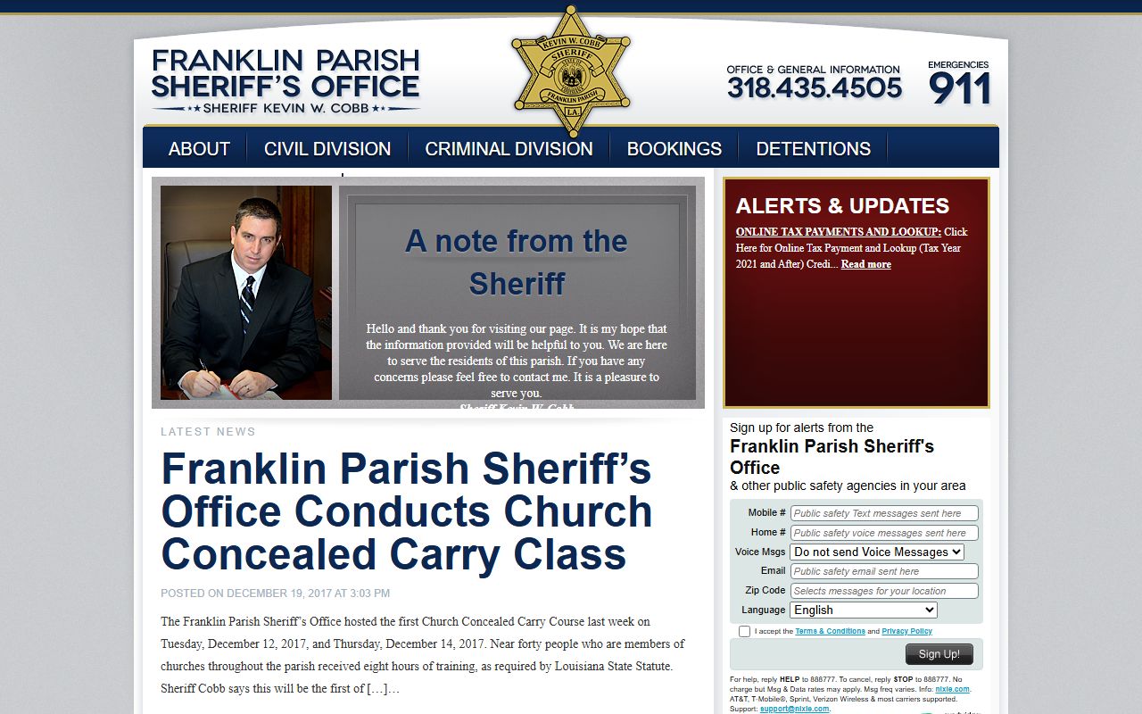 Franklin Parish Sheriff's Office website homepage for jail mugshot inquiries