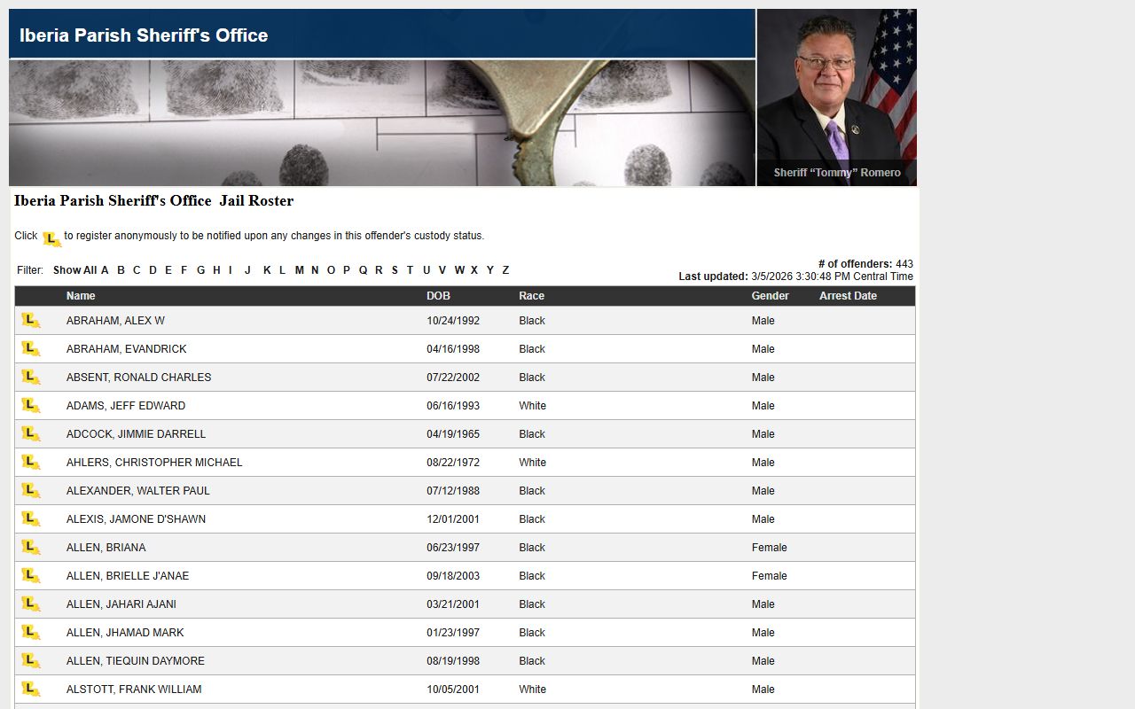 Iberia Parish LAVNS portal showing inmate roster data