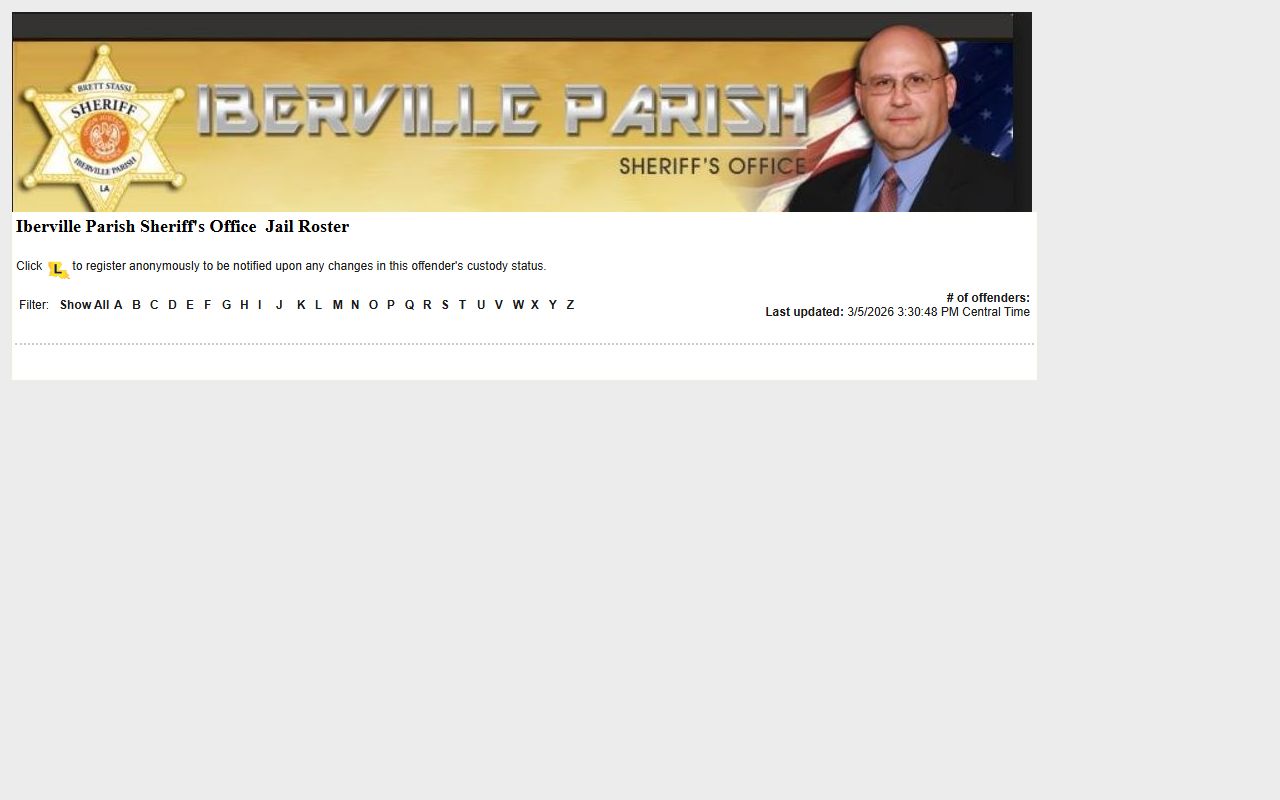 Iberville Parish LAVNS portal showing current inmate roster