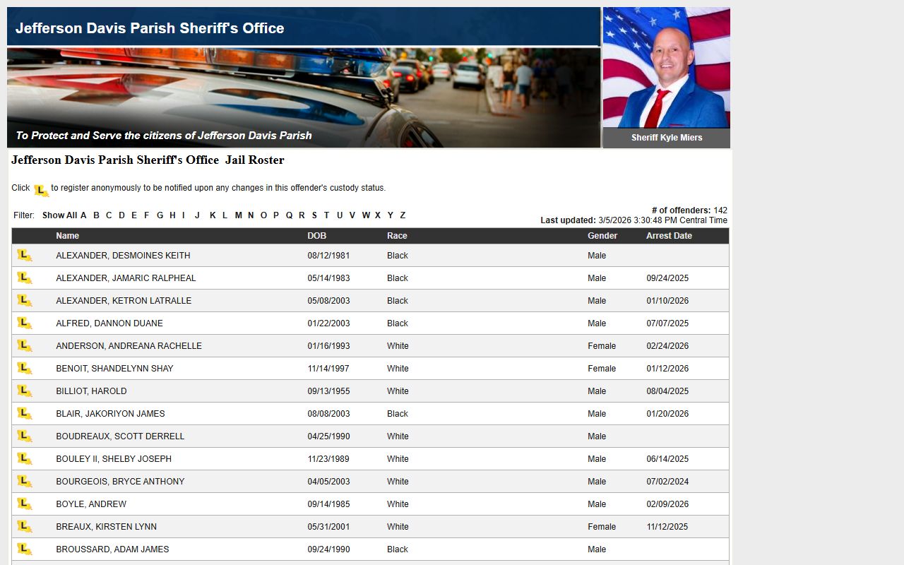 Jefferson Davis Parish LAVNS portal for inmate lookup and jail mugshots