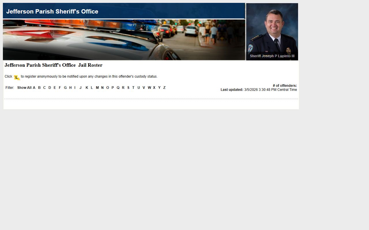 Jefferson Parish LAVNS portal for inmate lookup and notification