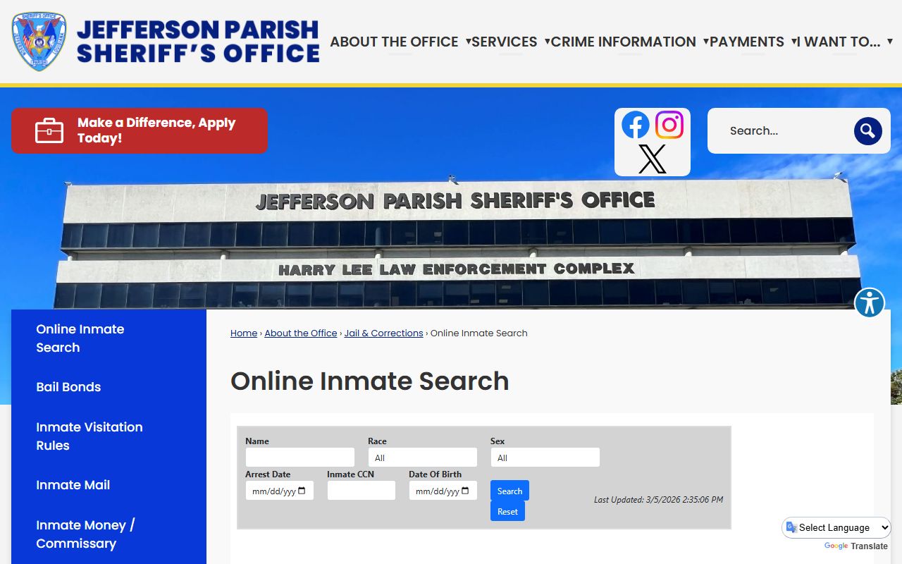 Jefferson Parish online inmate search tool for jail mugshots