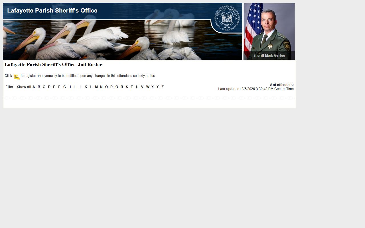 Lafayette Parish LAVNS portal for inmate search and jail mugshots