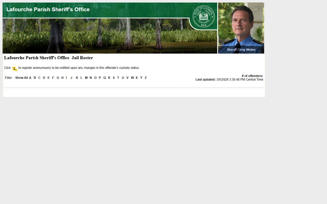 Lafourche Parish LAVNS portal for inmate search and notification