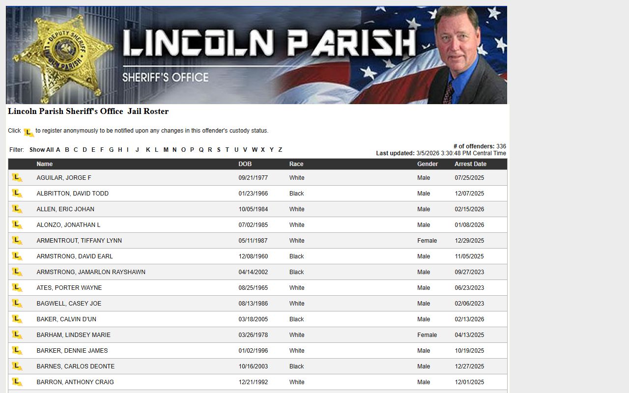 Lincoln Parish LAVNS portal for inmate notification and search