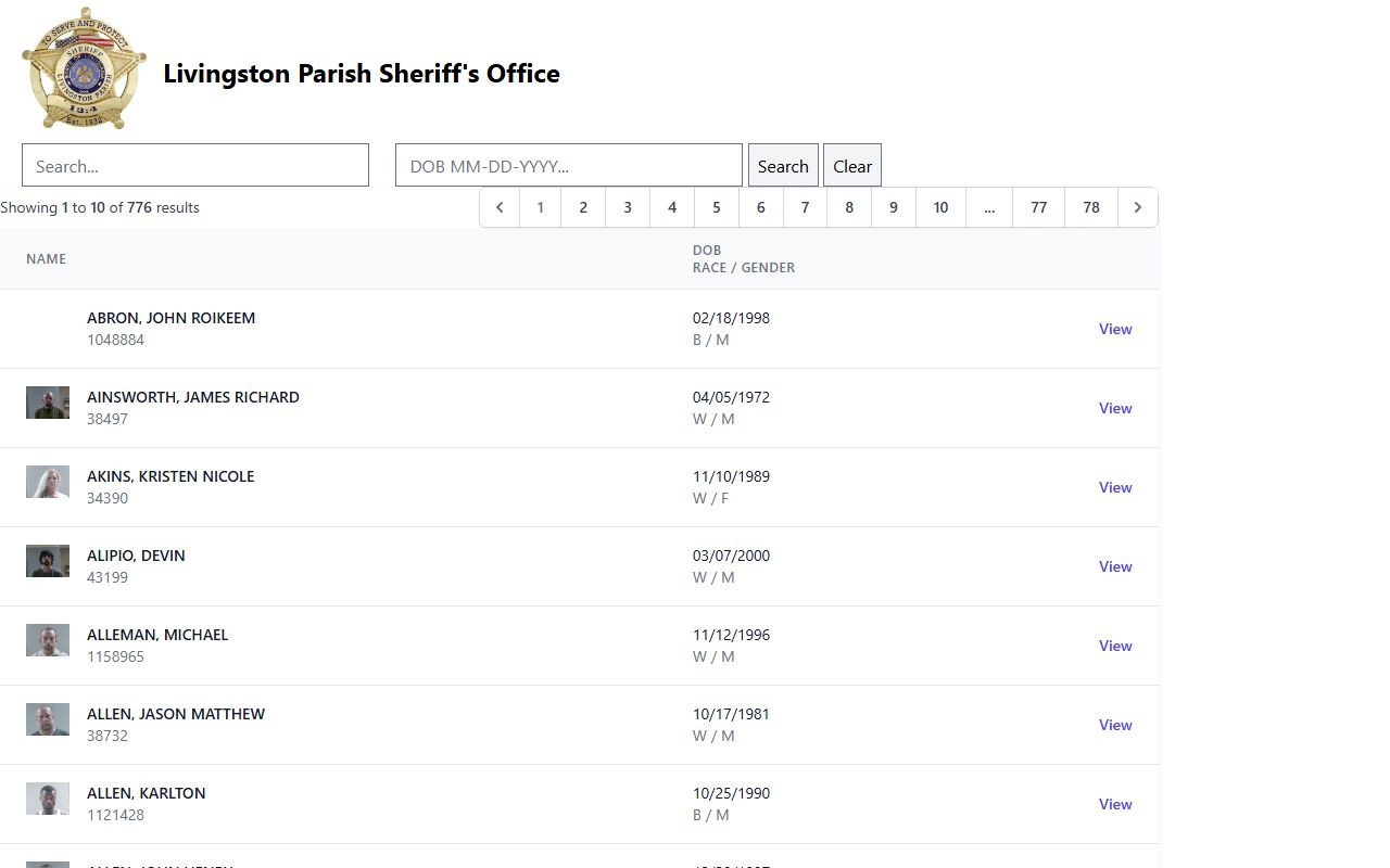 Livingston Parish jail roster with mugshots and inmate booking records