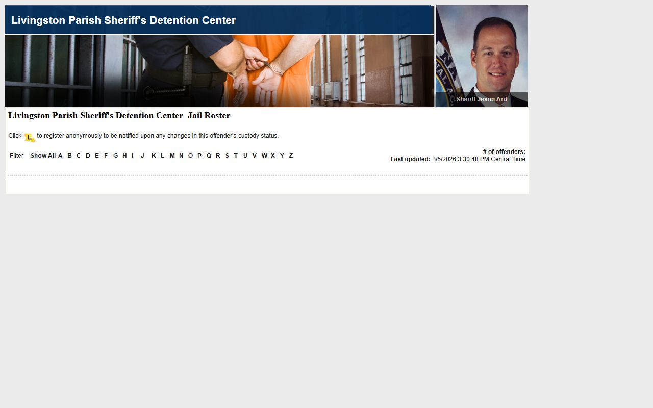 Livingston Parish LAVNS portal for inmate lookup and status notifications