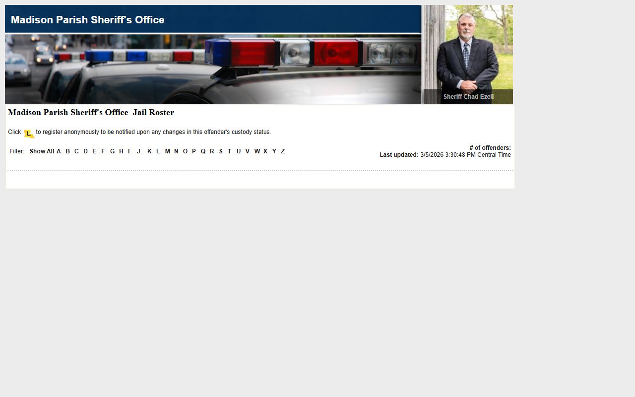 Madison Parish LAVNS portal for searching jail mugshots and inmate records