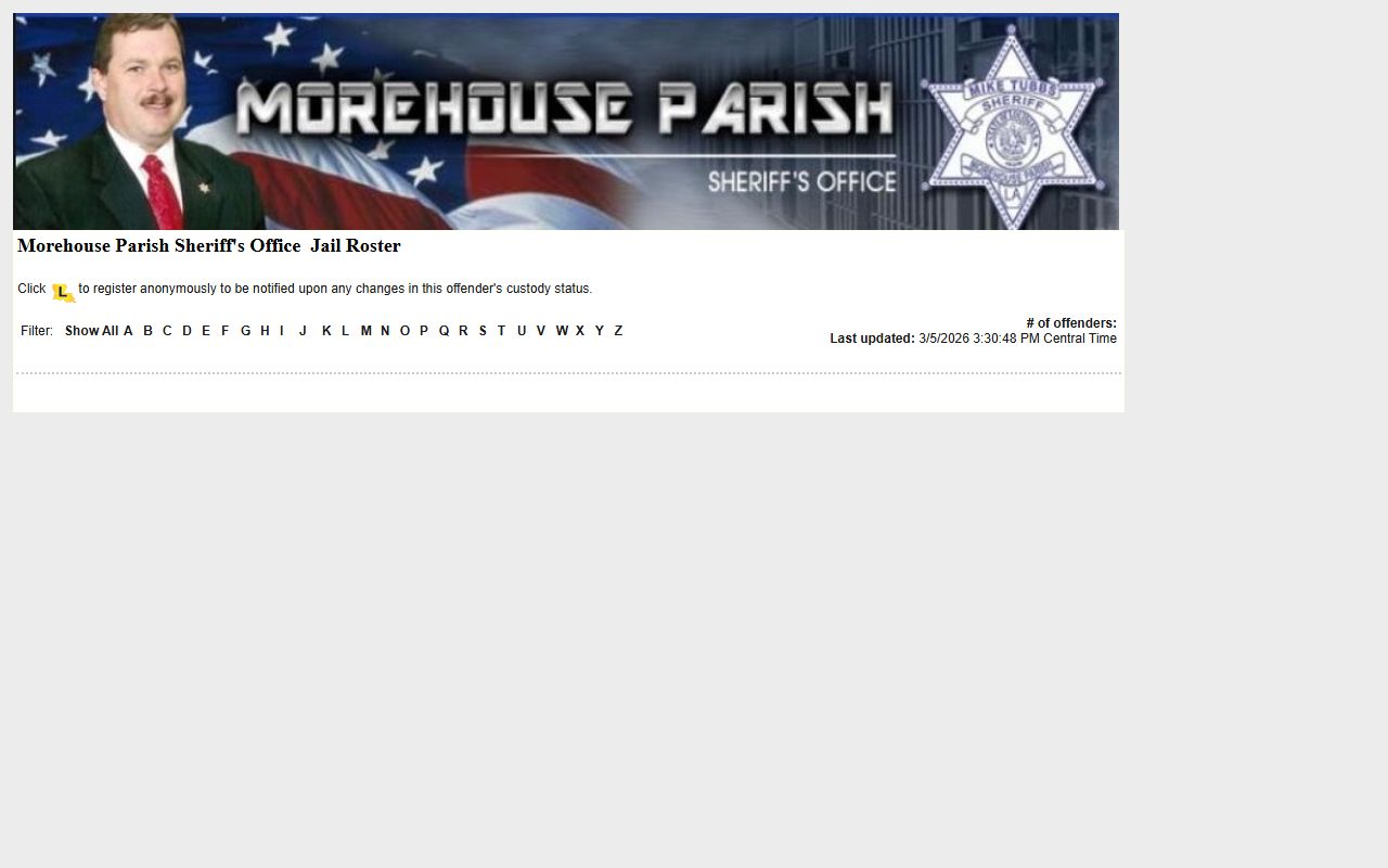 Morehouse Parish LAVNS portal for jail mugshots and inmate search