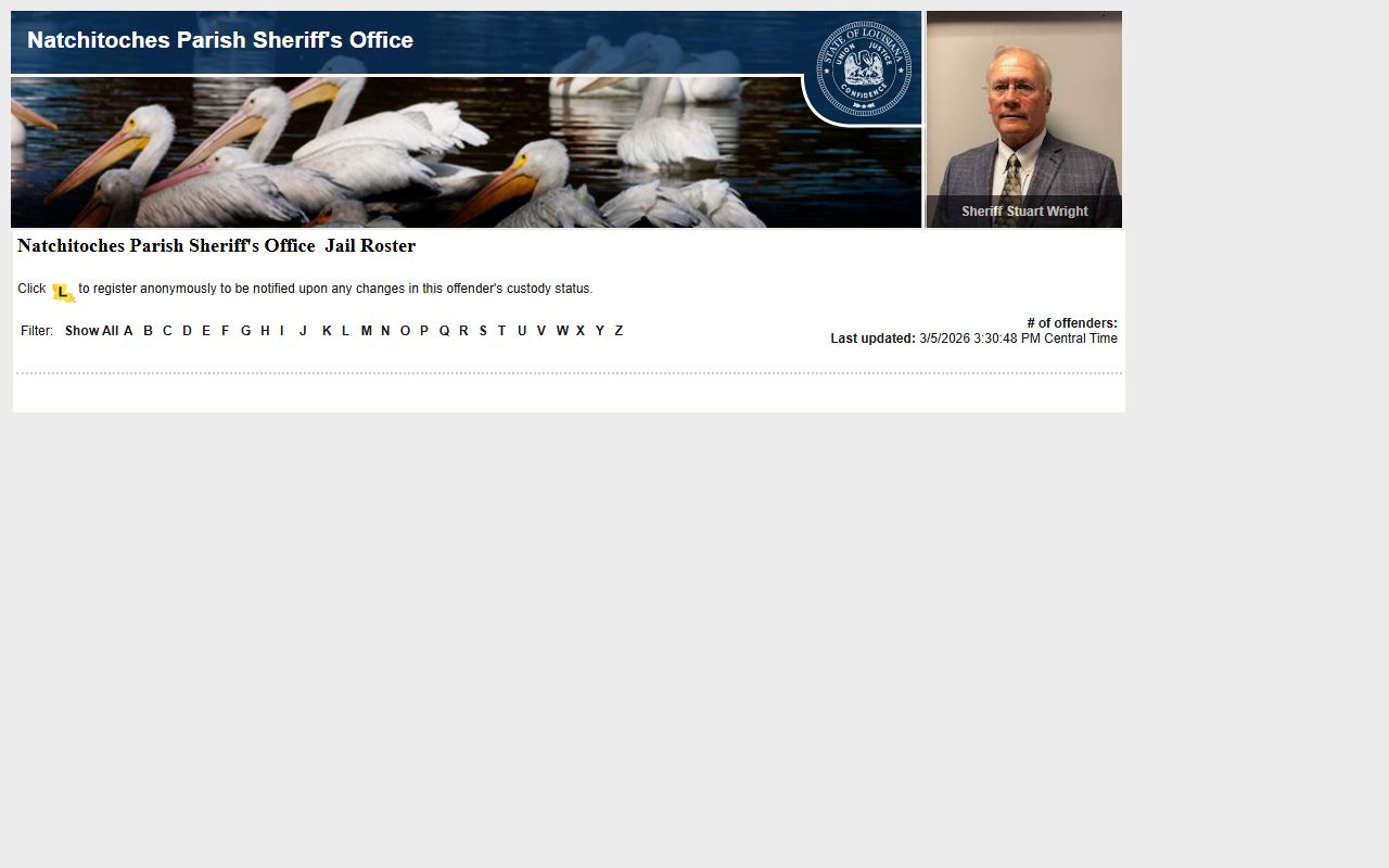 Natchitoches Parish LAVNS portal for searching jail mugshots and booking records