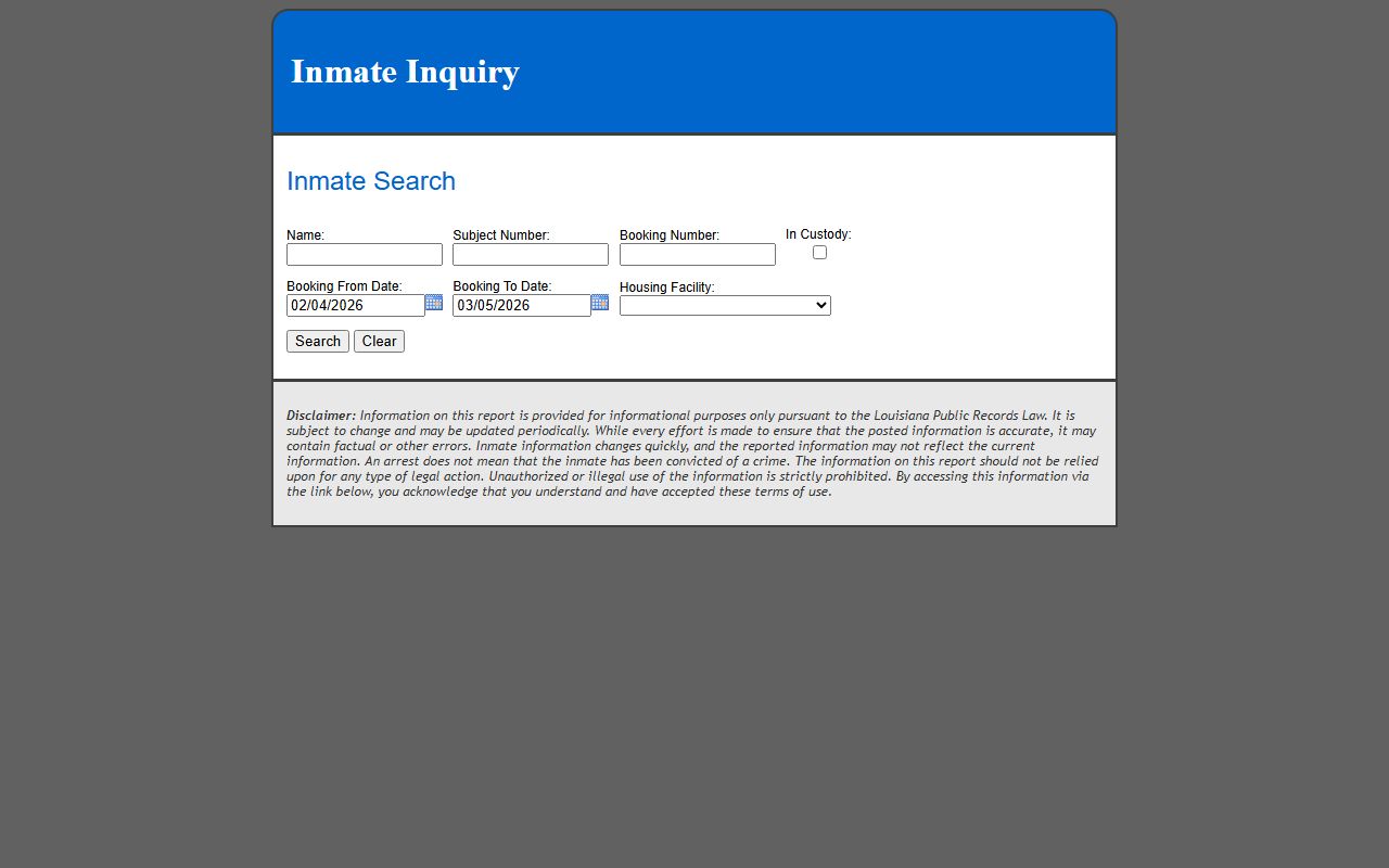 Ouachita Parish booking search interface for jail mugshots and inmate records