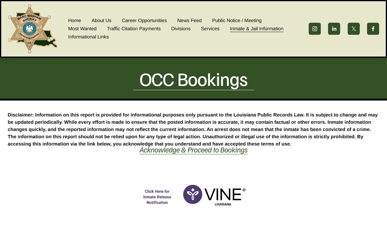 Ouachita Parish Sheriff's Office bookings page for jail mugshots