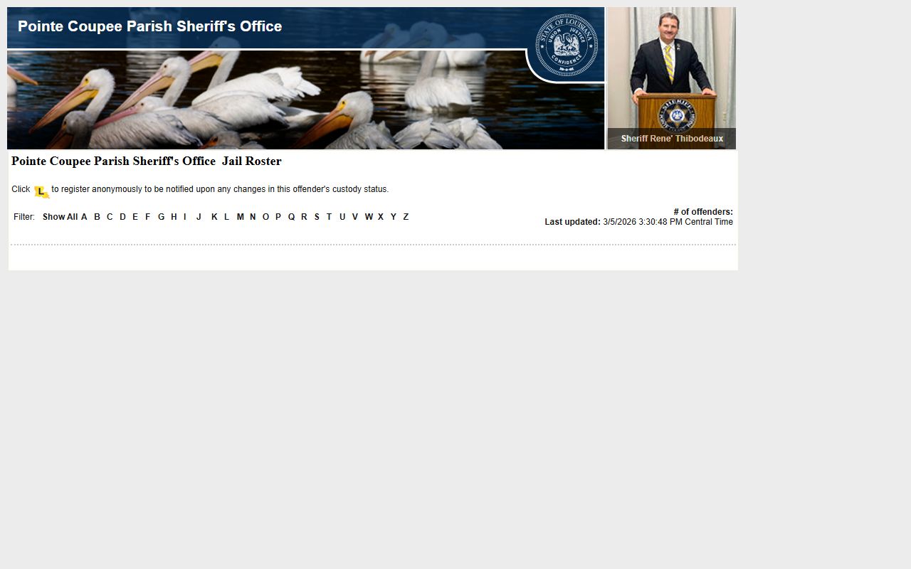 Pointe Coupee Parish LAVNS portal for searching jail mugshots and inmate records