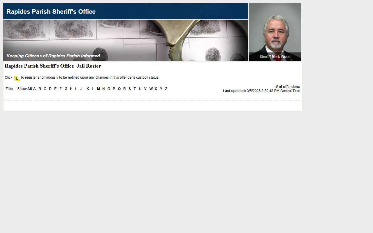 Rapides Parish LAVNS portal for searching jail mugshots and inmate records