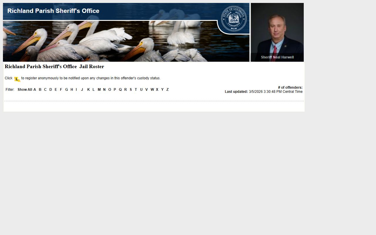 Richland Parish LAVNS inmate search portal for jail mugshots