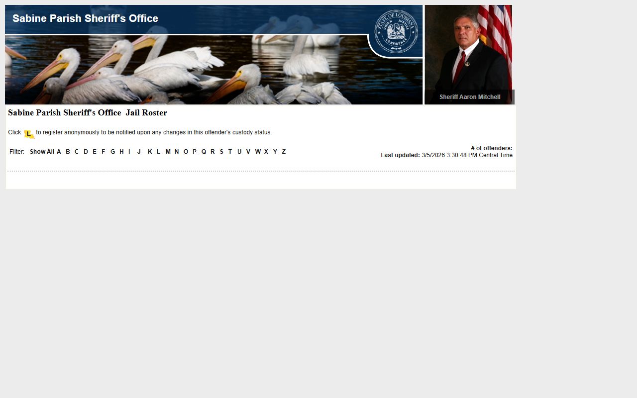Sabine Parish LAVNS portal for inmate search and jail mugshots