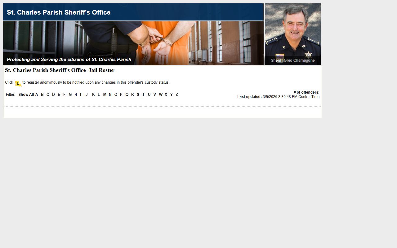 St. Charles Parish LAVNS portal for inmate search and jail mugshots