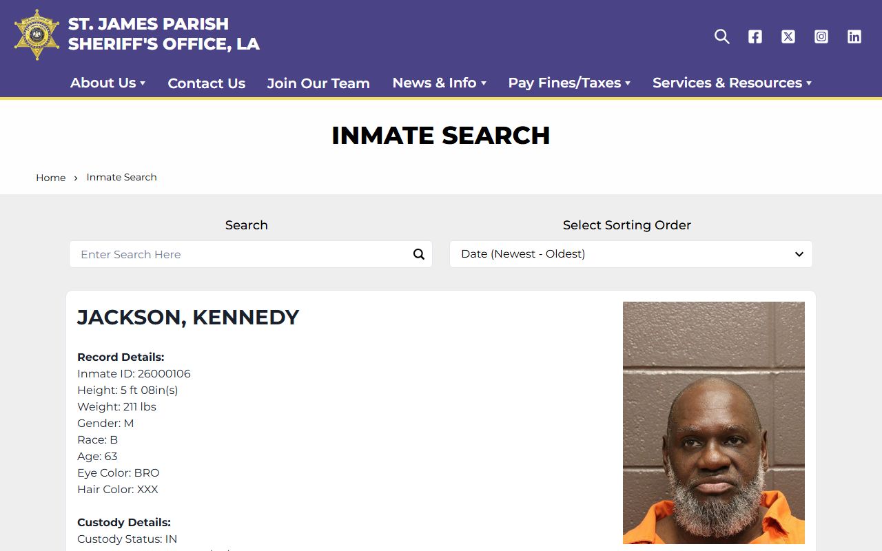 St. James Parish inmate search tool for jail mugshots and booking records