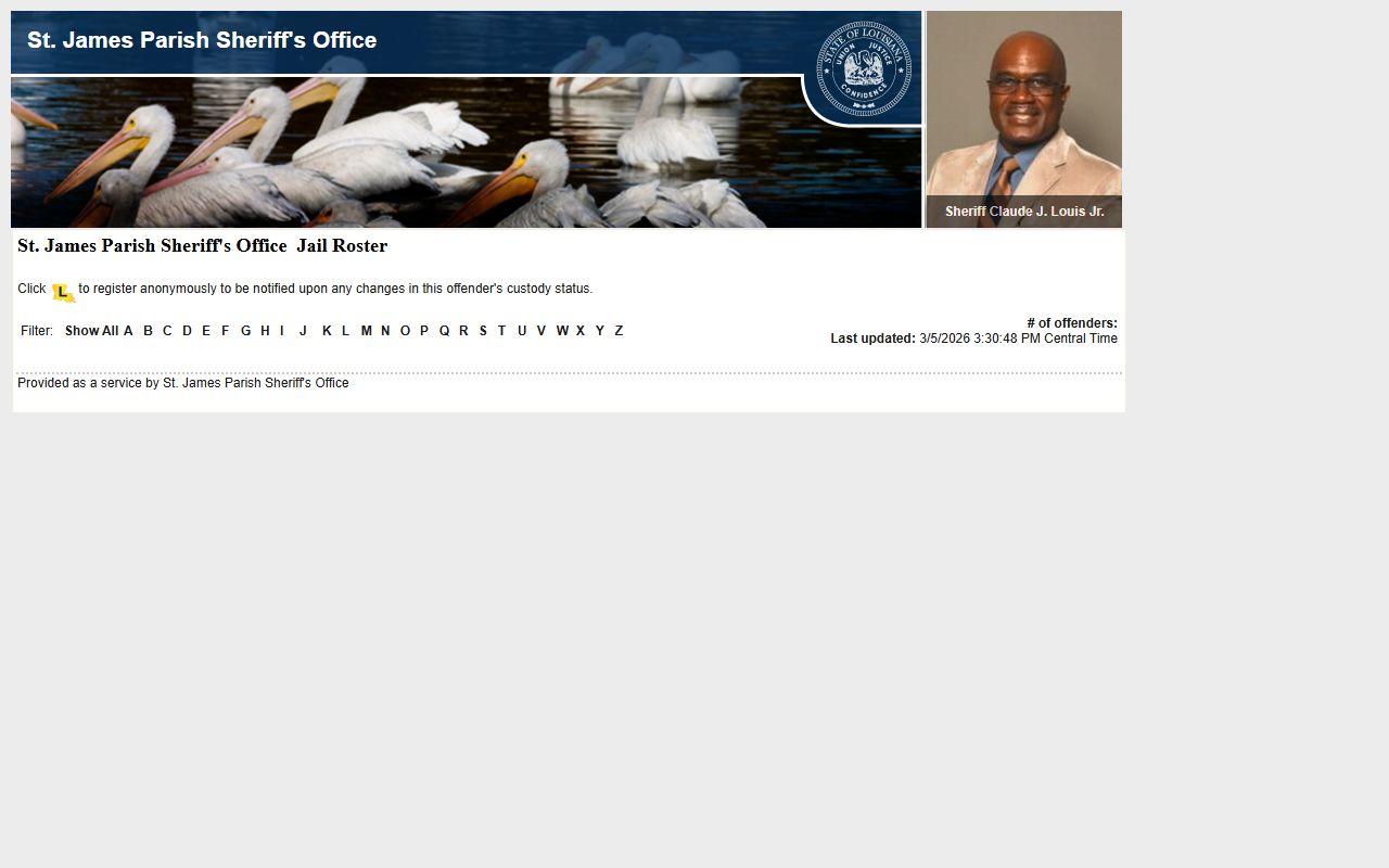 St. James Parish LAVNS portal for inmate notification and jail mugshots