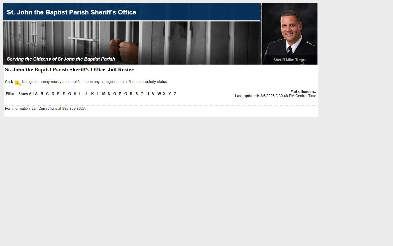 St. John the Baptist Parish LAVNS portal for inmate search and jail mugshots
