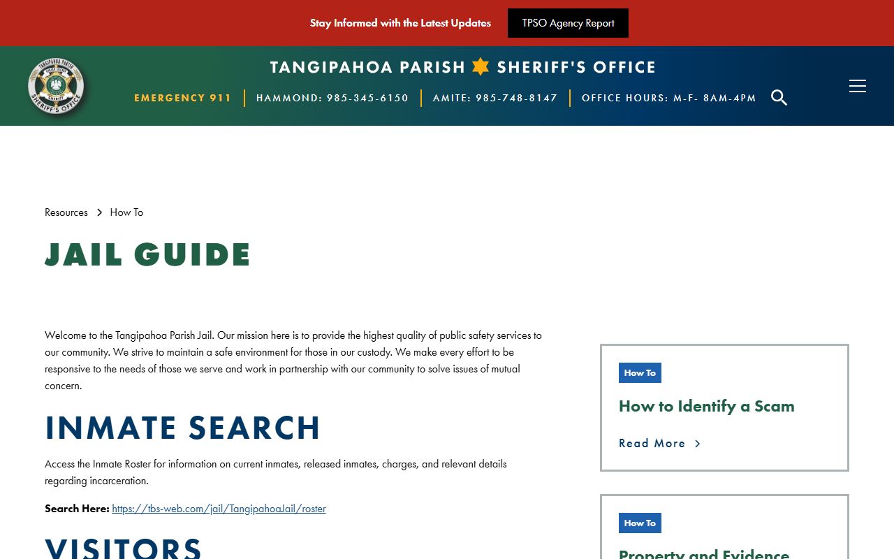 Tangipahoa Parish jail guide with inmate roster and booking search tools