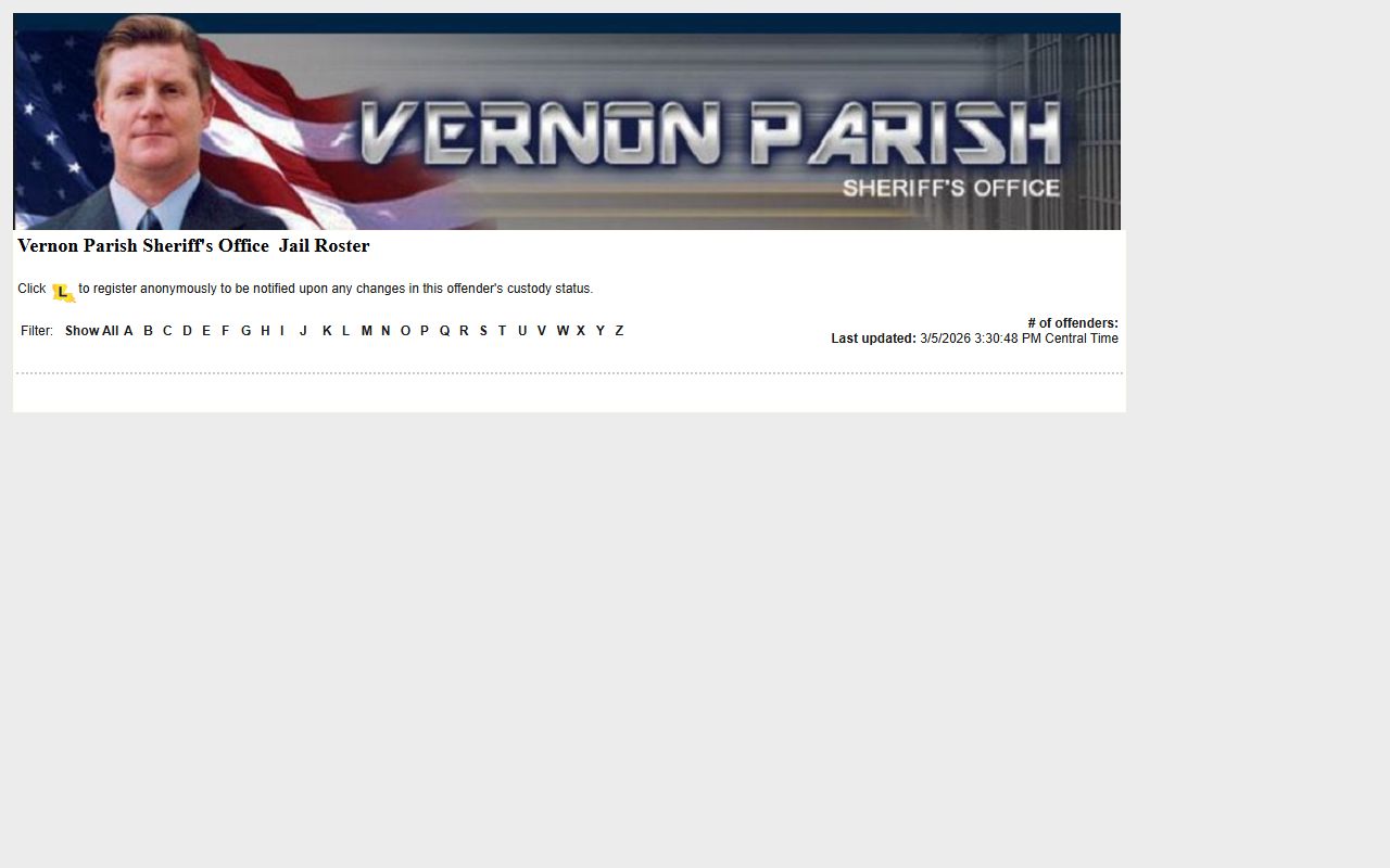 Vernon Parish LAVNS portal for searching jail mugshots and current inmates