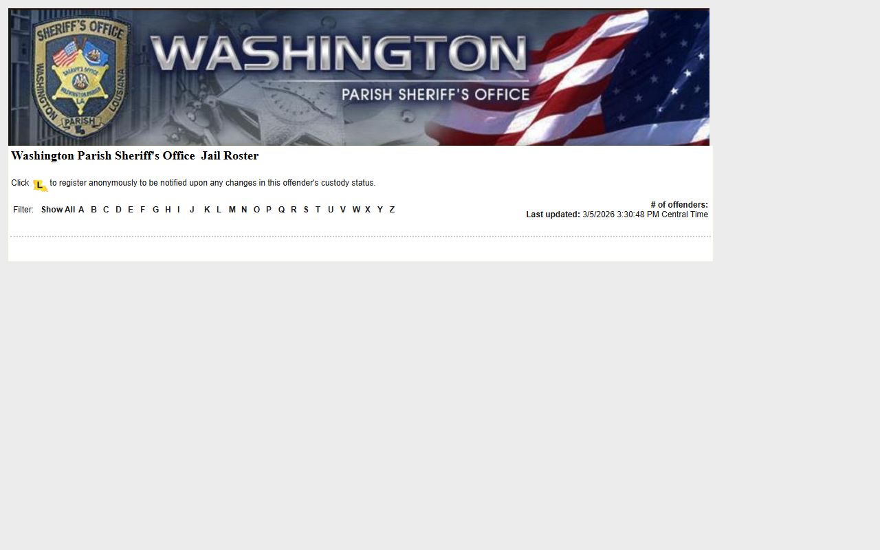 Washington Parish LAVNS portal for searching jail mugshots and inmate records