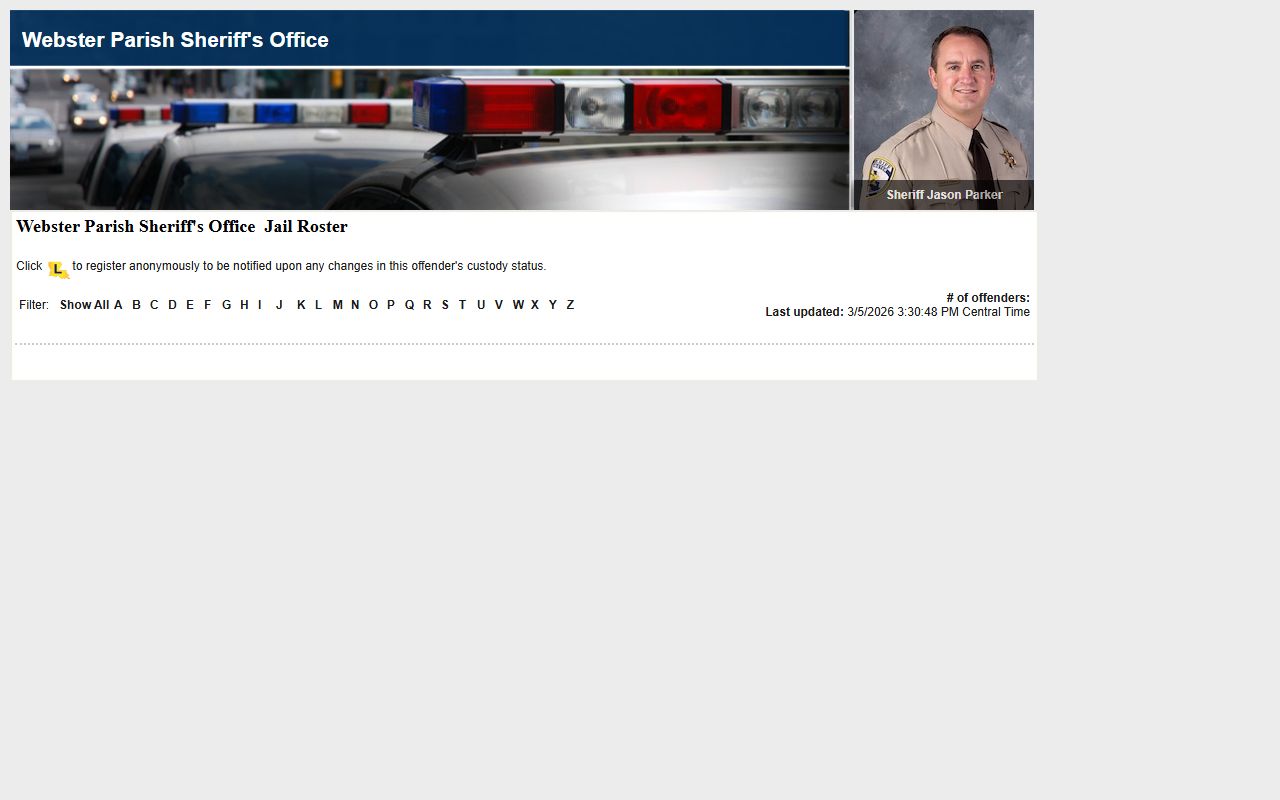 Webster Parish LAVNS portal for searching jail mugshots and current inmates