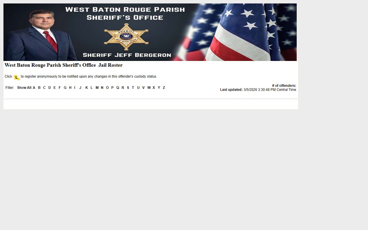 West Baton Rouge Parish LAVNS portal for inmate roster and jail mugshots