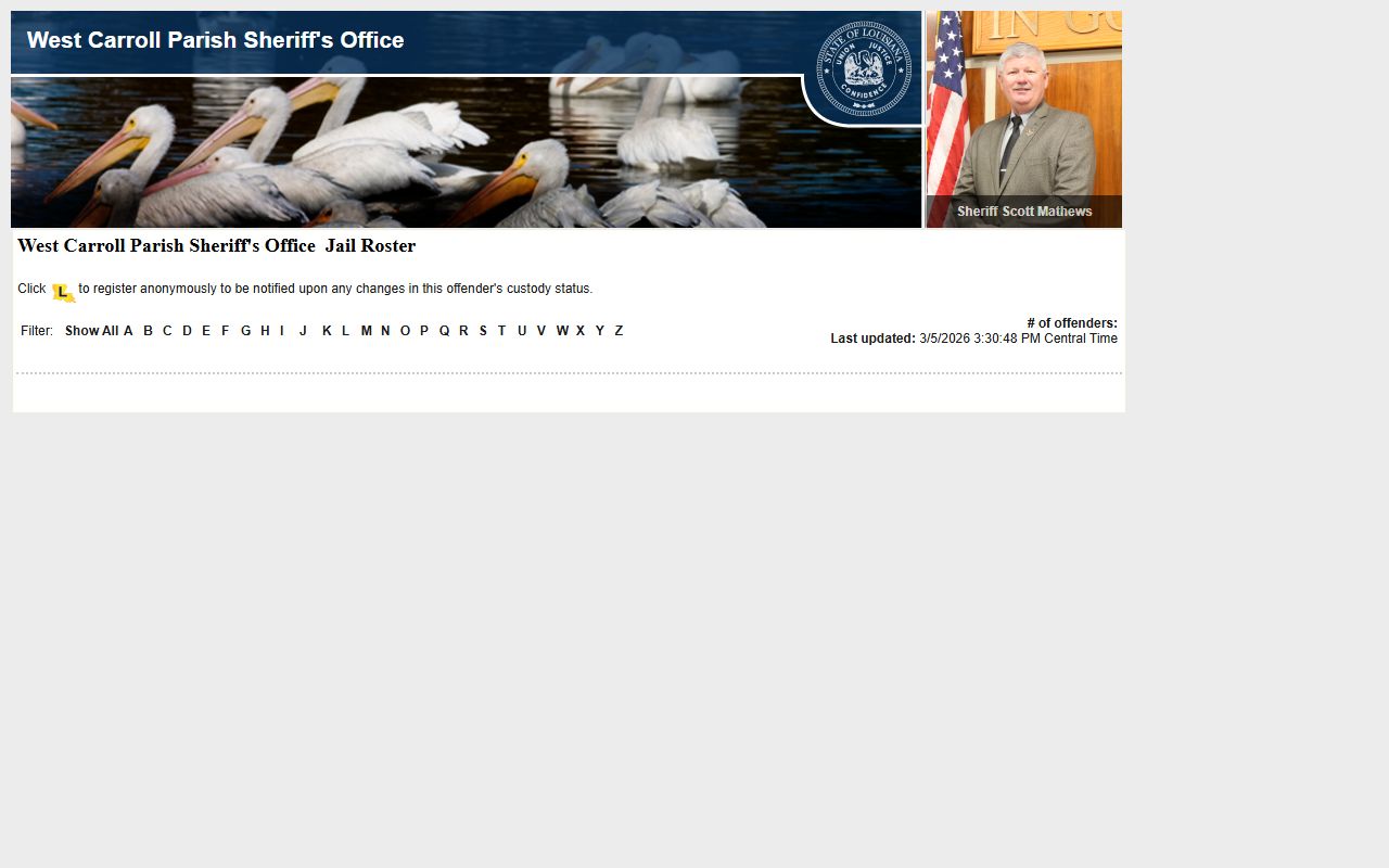 West Carroll Parish LAVNS portal for searching jail mugshots and current inmates