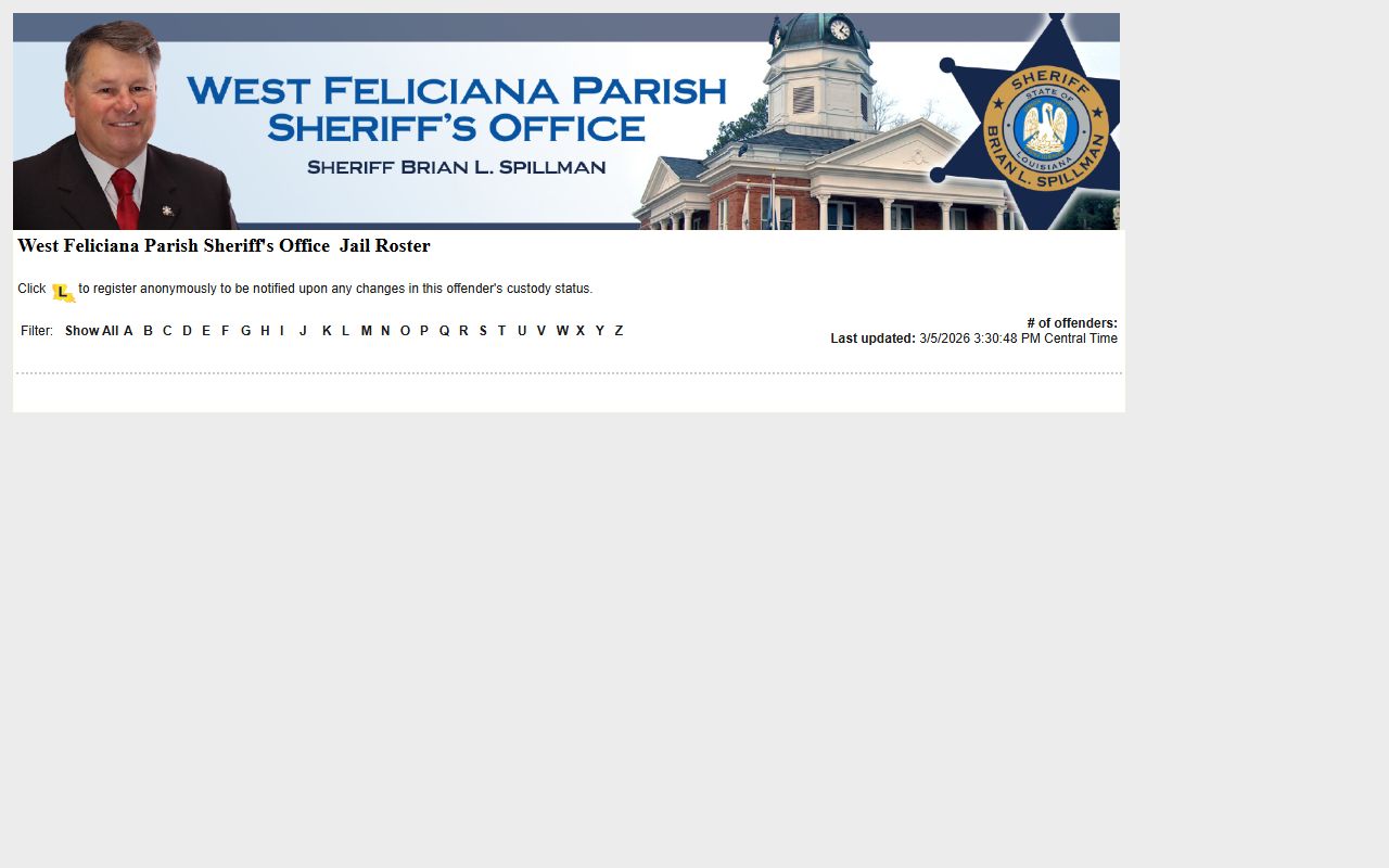 West Feliciana Parish LAVNS portal for searching jail mugshots and inmate records