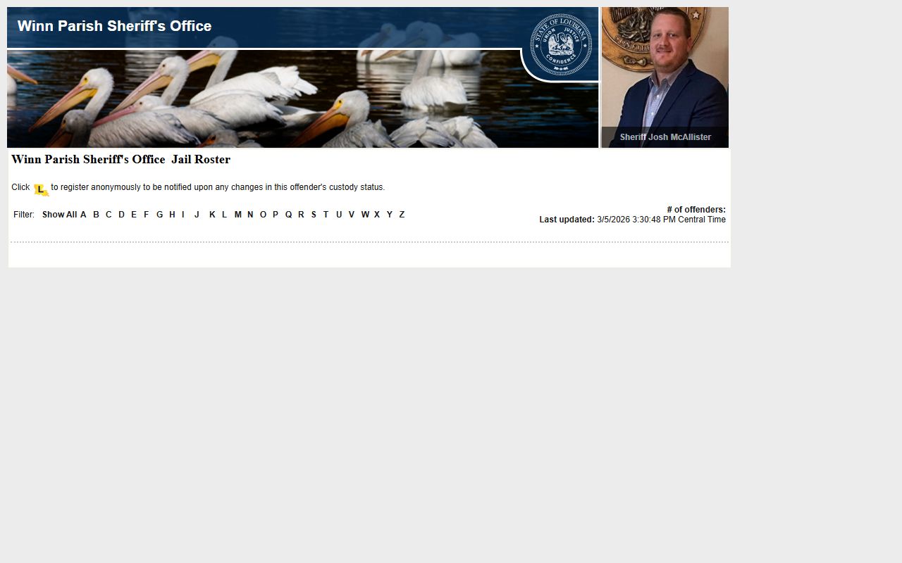 Winn Parish LAVNS portal for searching jail mugshots and inmate roster